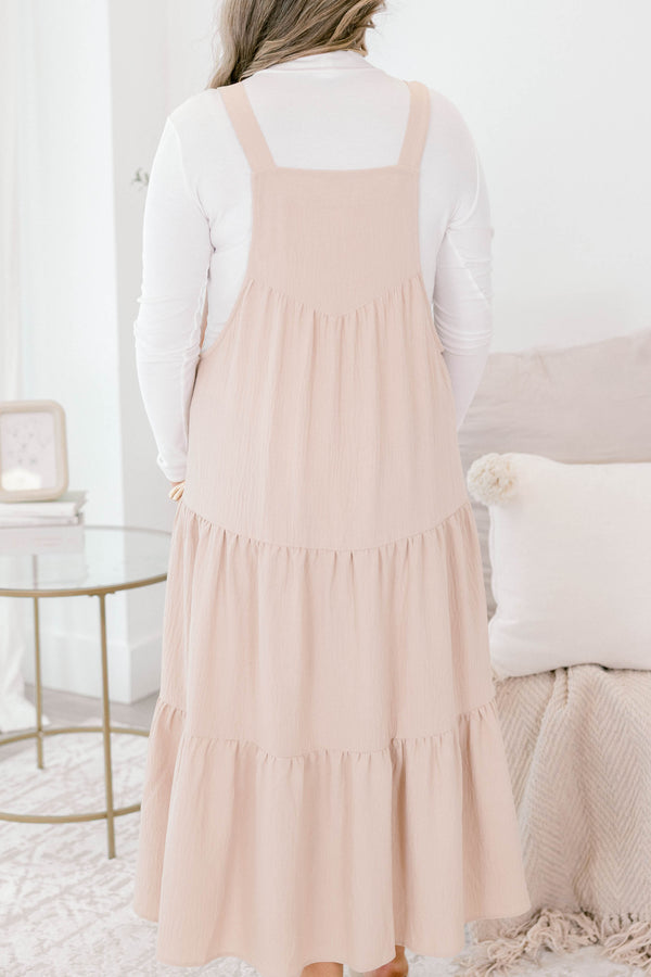 Chic Soul plus size clothing, light tan sleeveless tiered maxi dress with buttons on the straps and a large front pocket on the chest