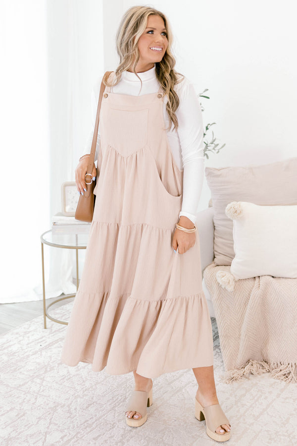 Chic Soul plus size clothing, light tan sleeveless tiered maxi dress with buttons on the straps and a large front pocket on the chest