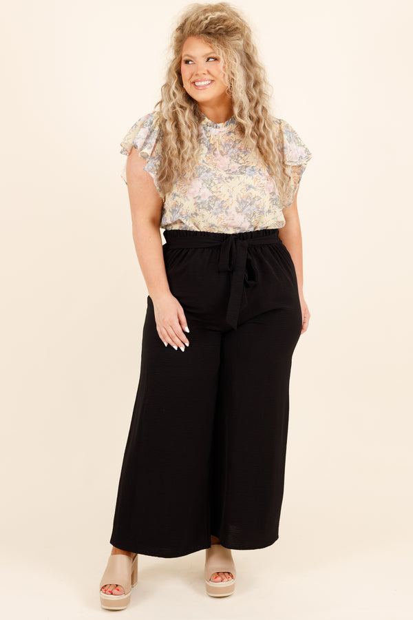 Chic Soul plus size clothing, yellow floral pattern top with flutter sleeves and a high neckline