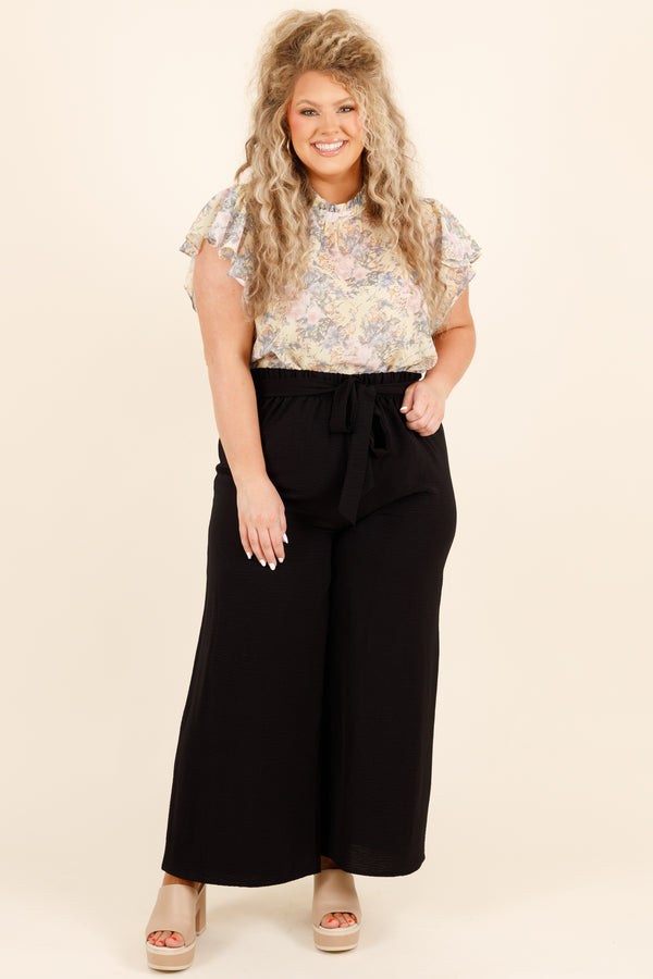 Chic Soul plus size clothing, yellow floral pattern top with flutter sleeves and a high neckline