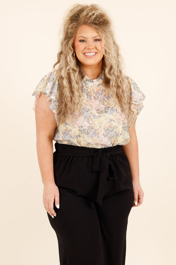 Chic Soul plus size clothing, yellow floral pattern top with flutter sleeves and a high neckline