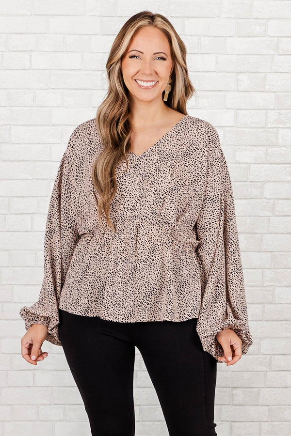 Chic Soul Plus size clothing, tan top with v-neck, gathered waist, long flowy sleeves and black spotted print.