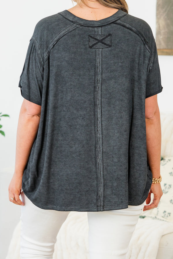 Chic Soul plus size clothing, ash black short sleeve plain top with round neckline with outer stitching detail along shoulders 
