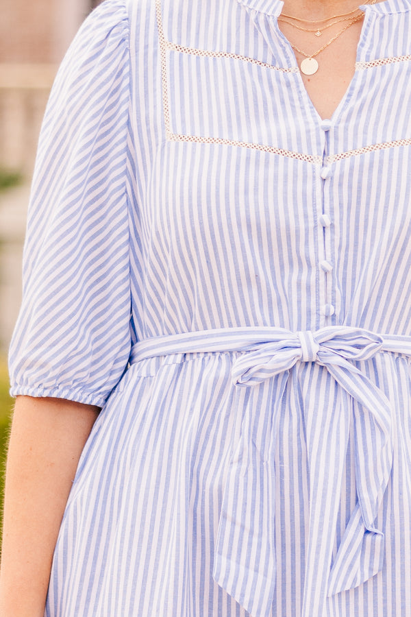 Chic Soul plus size clothing, light blue striped dress with half sleeves and tie at waist