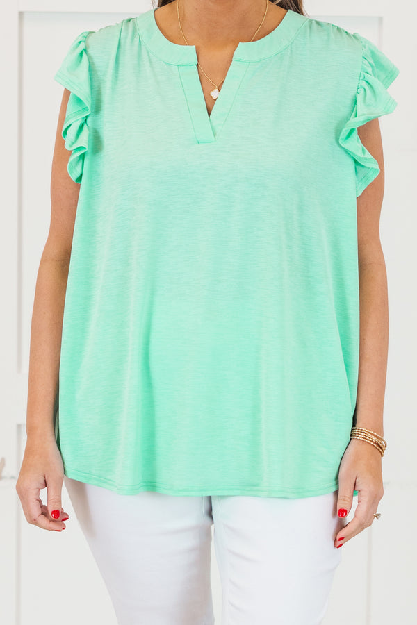 Chic Soul Plus size clothing, aqua top with slight V-neck and flutter sleeves 