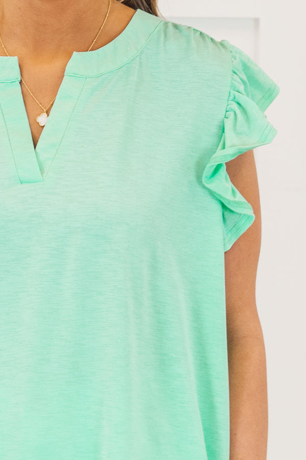 Chic Soul Plus size clothing, aqua top with slight V-neck and flutter sleeves 