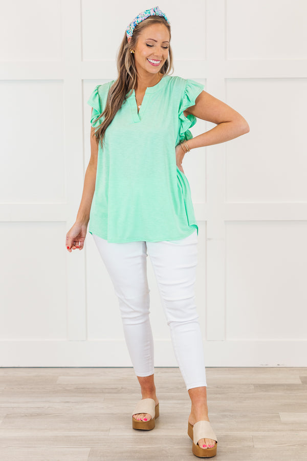 Chic Soul Plus size clothing, aqua top with slight V-neck and flutter sleeves 