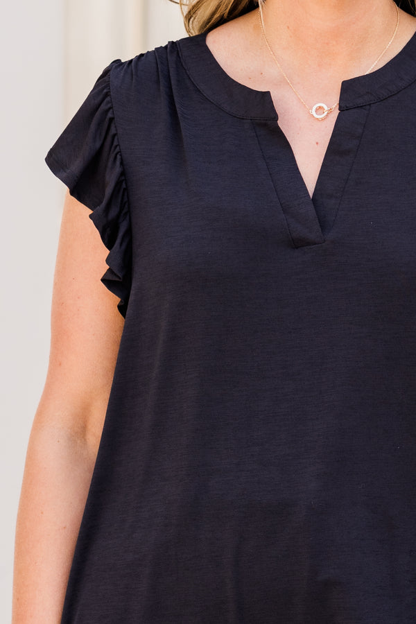 Chic Soul plus size clothing, black short sleeve top with ruffle sleeve with v cutout on neckline