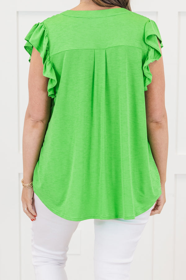 Chic Soul plus size clothing, Lime green short sleeve top with v cutout along neckline with ruffle detail along sleeves