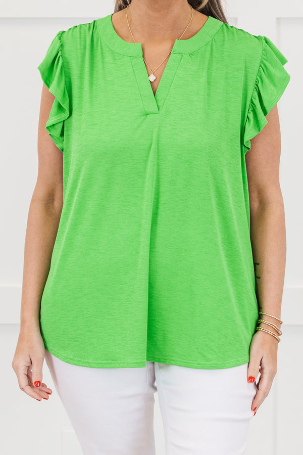 Chic Soul plus size clothing, Lime green short sleeve top with v cutout along neckline with ruffle detail along sleeves