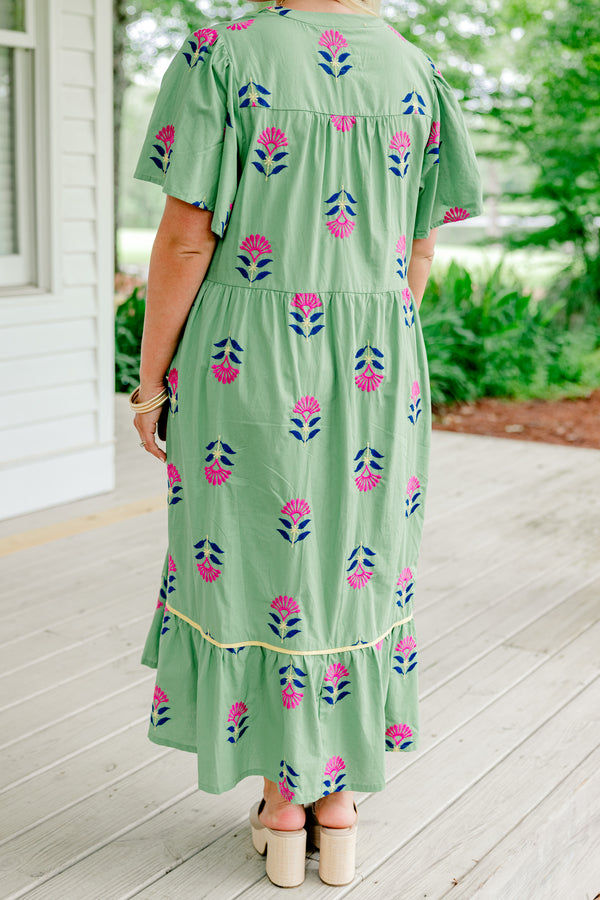 Chic Soul plus size clothing, sage green short-flutter sleeve slit neckline tiered maxi dress with embroidered royal blue and hot pink floral pattern and blue leaves lining the neckline plus pale yellow trim detail