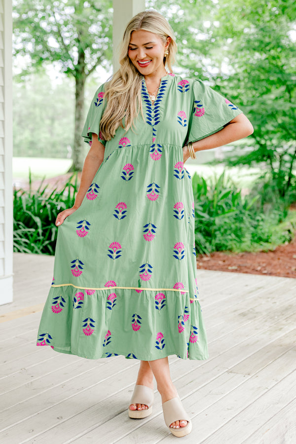 Chic Soul plus size clothing, sage green short-flutter sleeve slit neckline tiered maxi dress with embroidered royal blue and hot pink floral pattern and blue leaves lining the neckline plus pale yellow trim detail