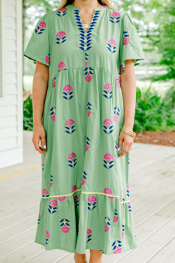Chic Soul plus size clothing, sage green short-flutter sleeve slit neckline tiered maxi dress with embroidered royal blue and hot pink floral pattern and blue leaves lining the neckline plus pale yellow trim detail