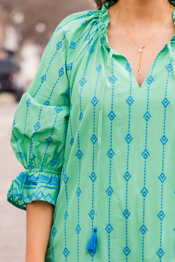 Chic Soul plus size clothing, green short length dress with three quarter sleeves and embroidered pattern