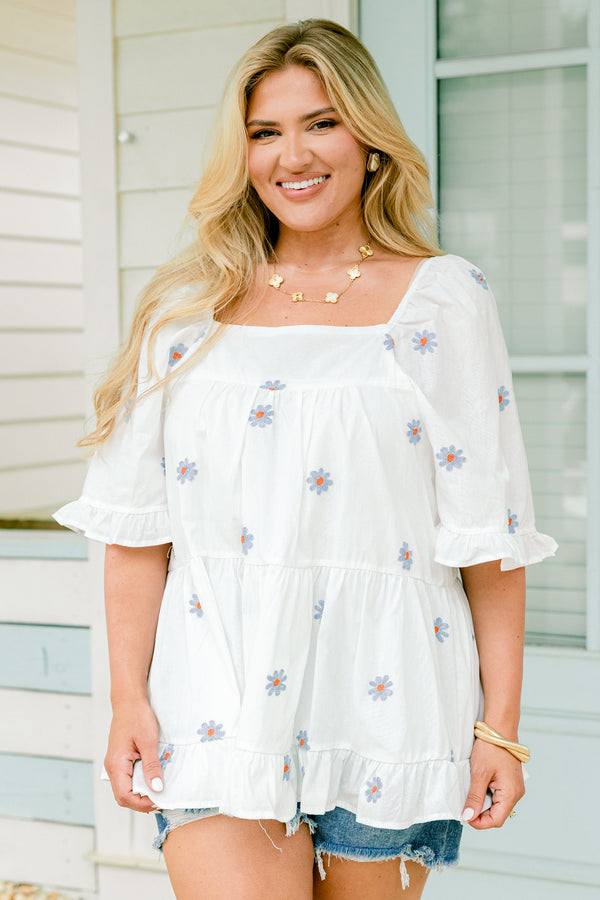 Chic Soul plus size clothing, blue top with short sleeves and embroidered flowers