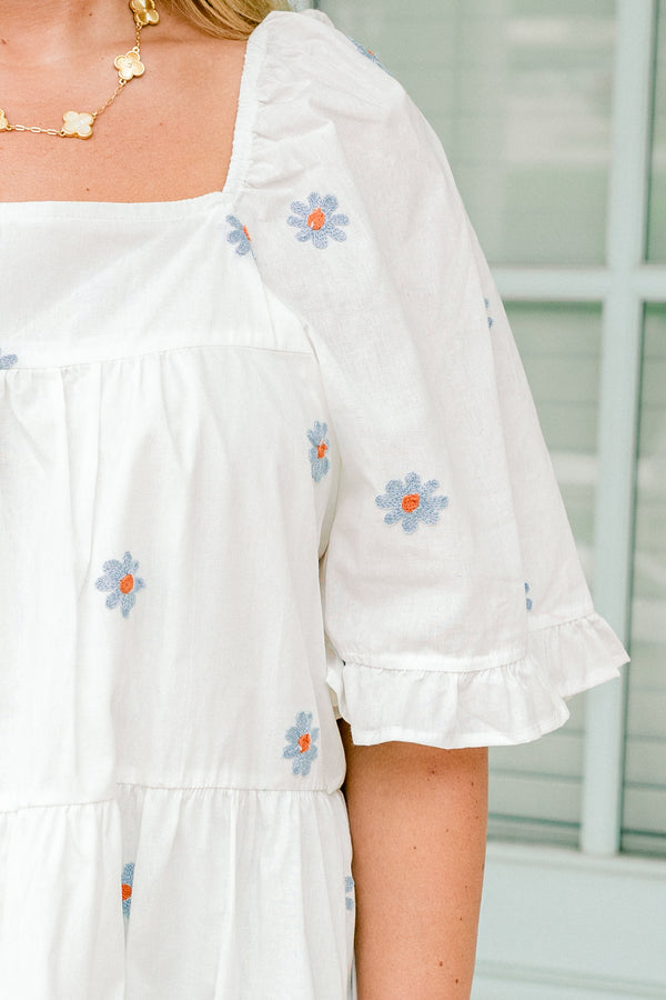 Chic Soul plus size clothing, blue top with short sleeves and embroidered flowers