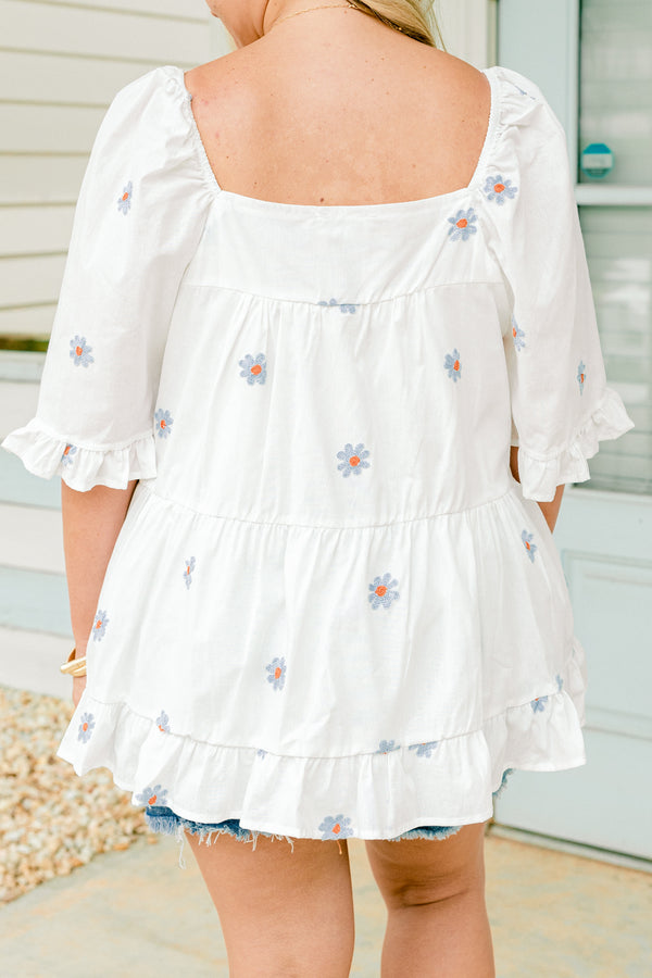 Chic Soul plus size clothing, blue top with short sleeves and embroidered flowers