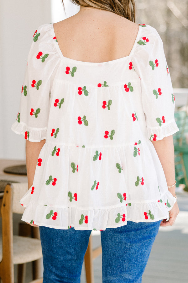 Chic Soul plus size clothing, white flowy babydoll top with square neckline and cherry pattern