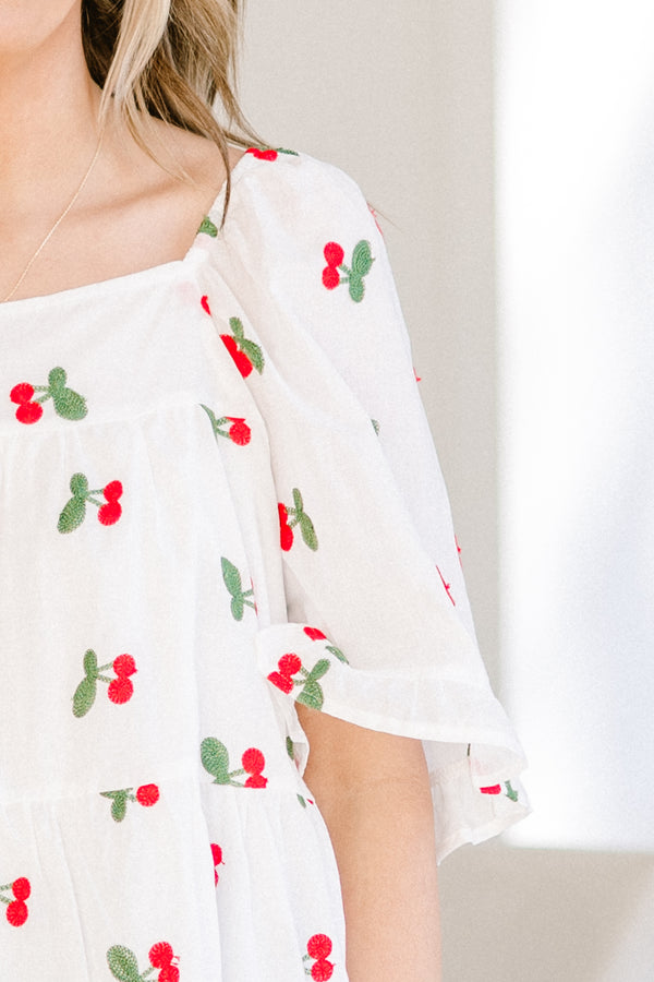 Chic Soul plus size clothing, white flowy babydoll top with square neckline and cherry pattern