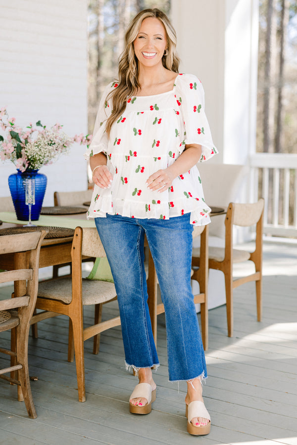 Chic Soul plus size clothing, white flowy babydoll top with square neckline and cherry pattern
