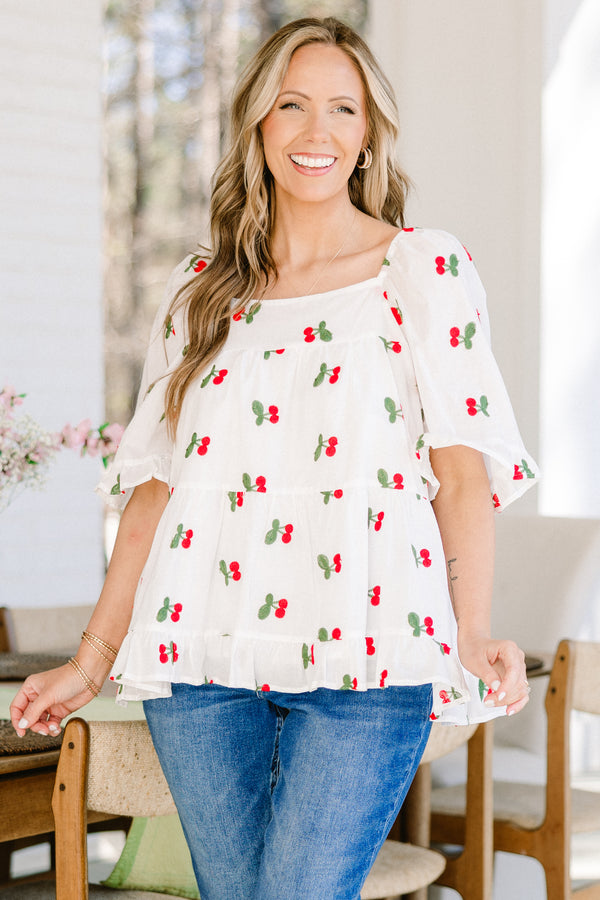 Chic Soul plus size clothing, white flowy babydoll top with square neckline and cherry pattern