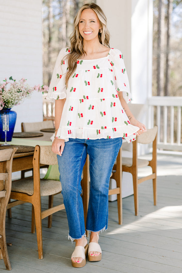 Chic Soul plus size clothing, white flowy babydoll top with square neckline and cherry pattern
