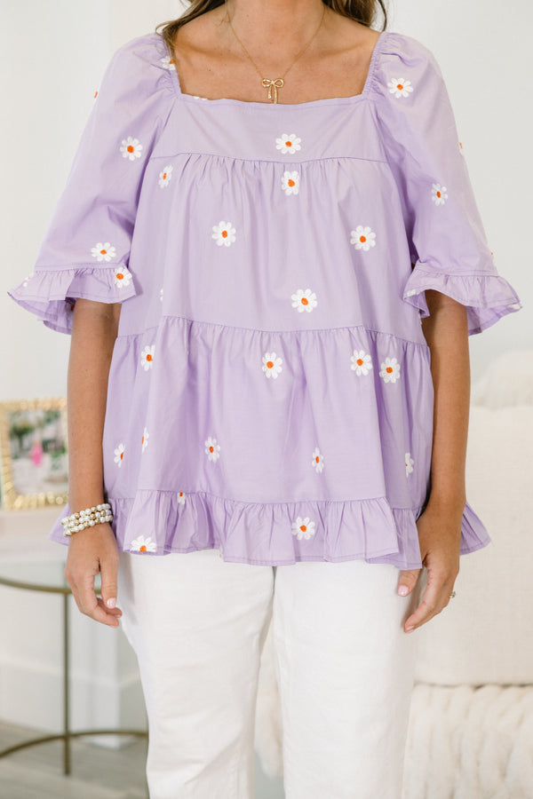 Chic Soul plus size clothing, lavender ruffle-half-sleeve square neck top with embroidered white flowers