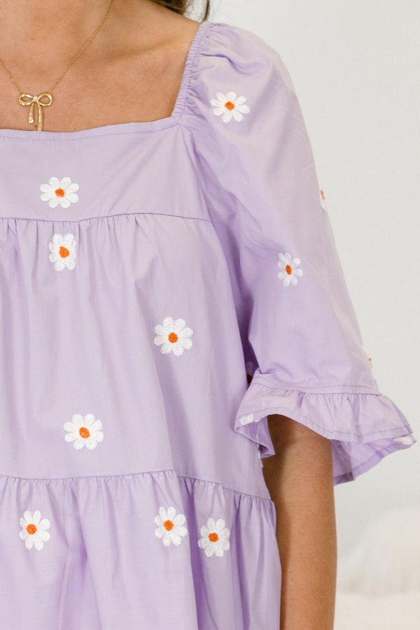 Chic Soul plus size clothing, lavender ruffle-half-sleeve square neck top with embroidered white flowers