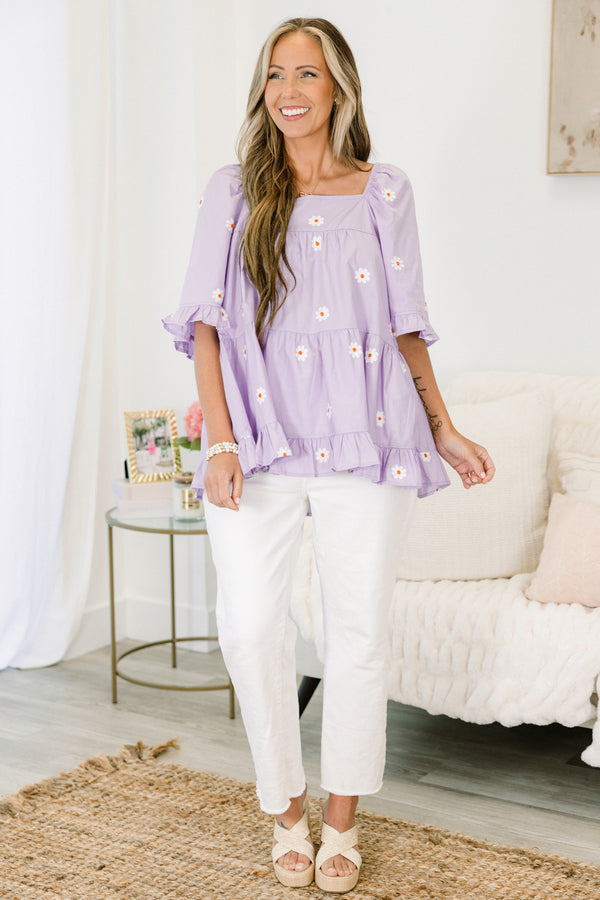 Chic Soul plus size clothing, lavender ruffle-half-sleeve square neck top with embroidered white flowers