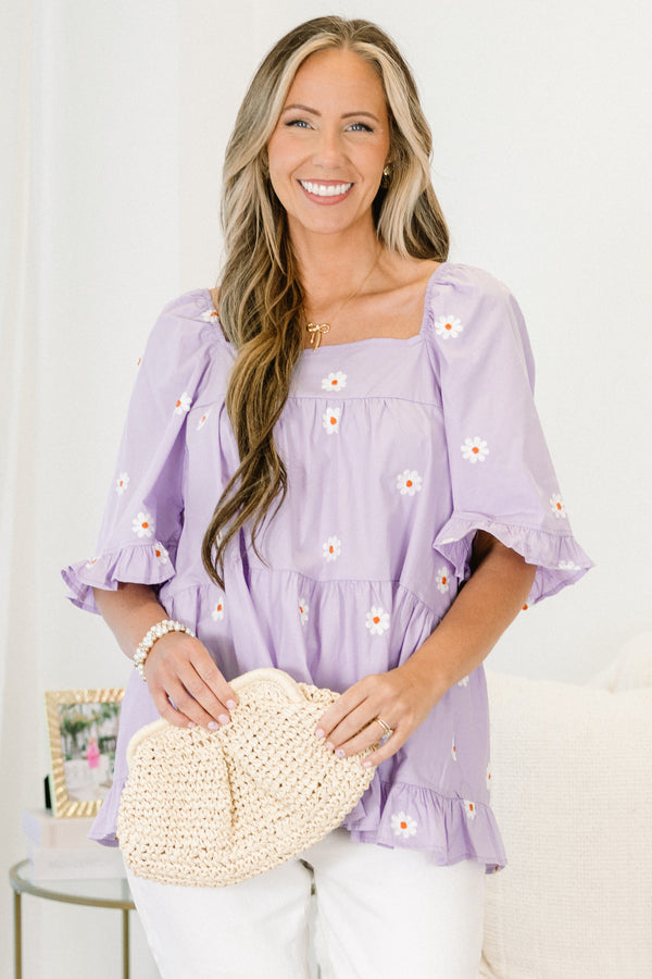 Chic Soul plus size clothing, lavender ruffle-half-sleeve square neck top with embroidered white flowers