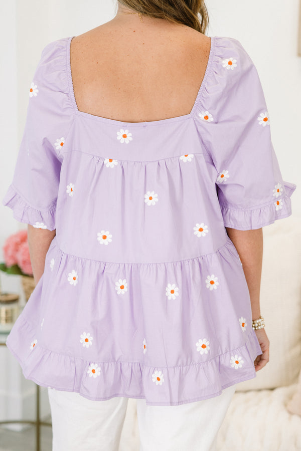 Chic Soul plus size clothing, lavender ruffle-half-sleeve square neck top with embroidered white flowers