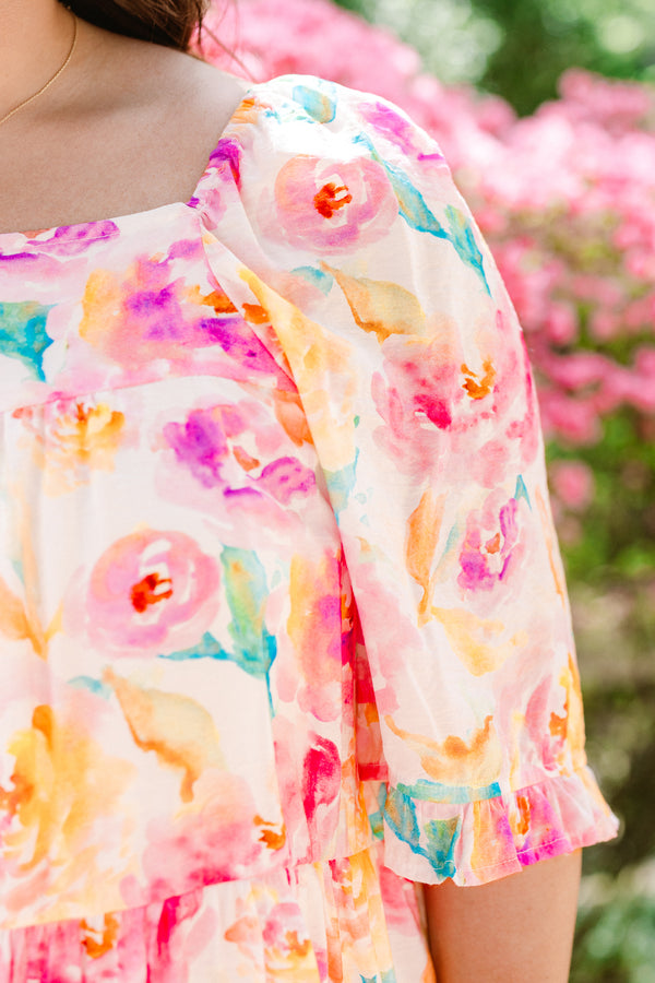 Chic Soul plus size clothing, short-puffed-sleeve pink floral flowy baby doll top with a high-square-neckline