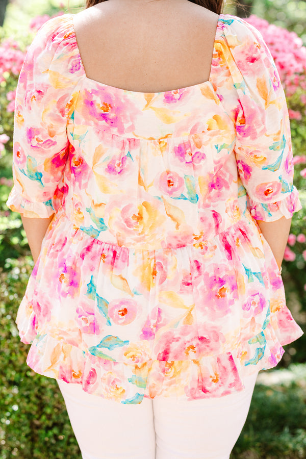 Chic Soul plus size clothing, short-puffed-sleeve pink floral flowy baby doll top with a high-square-neckline