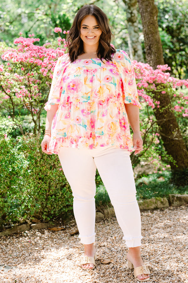 Chic Soul plus size clothing, short-puffed-sleeve pink floral flowy baby doll top with a high-square-neckline