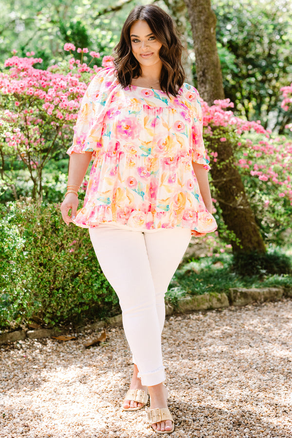 Chic Soul plus size clothing, short-puffed-sleeve pink floral flowy baby doll top with a high-square-neckline