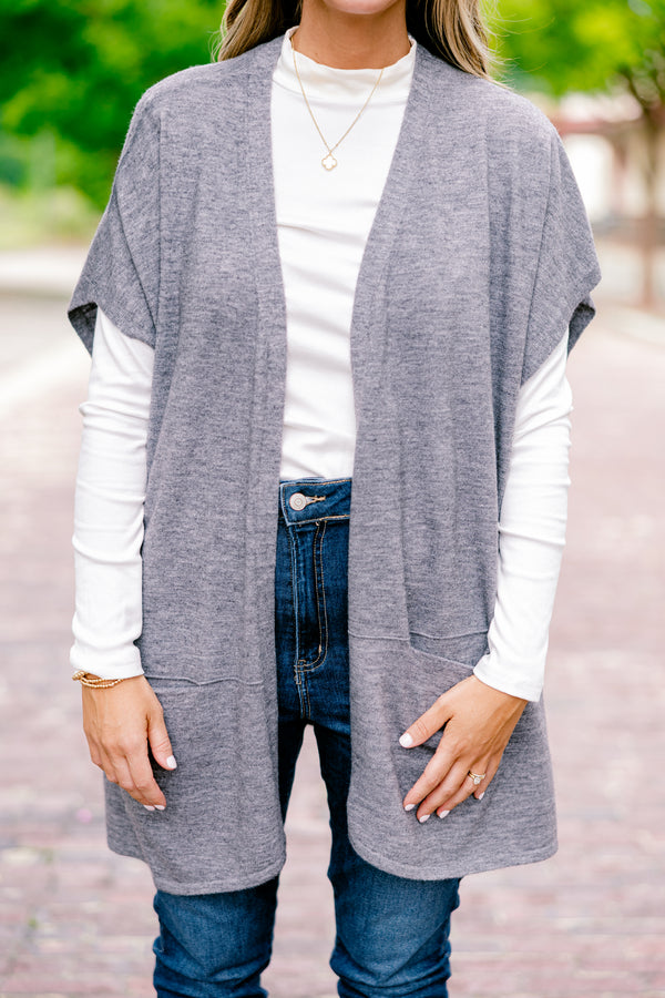 Chic Sul plus size clothing, gray short sleeve mid length cardigan