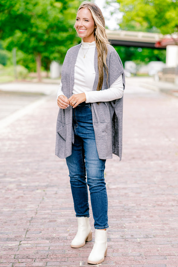 Chic Sul plus size clothing, gray short sleeve mid length cardigan