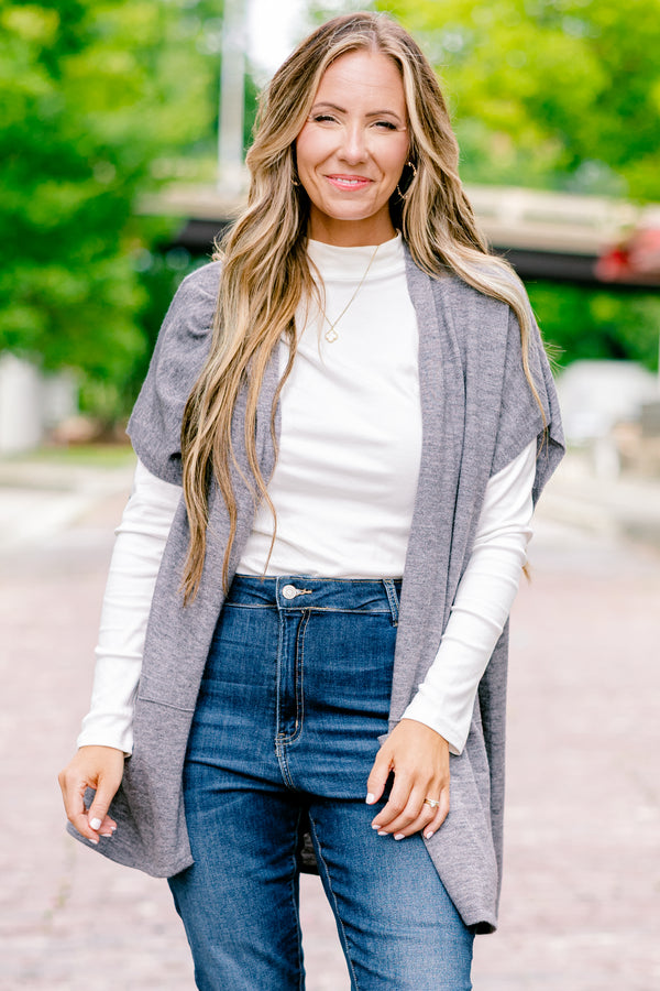Chic Sul plus size clothing, gray short sleeve mid length cardigan