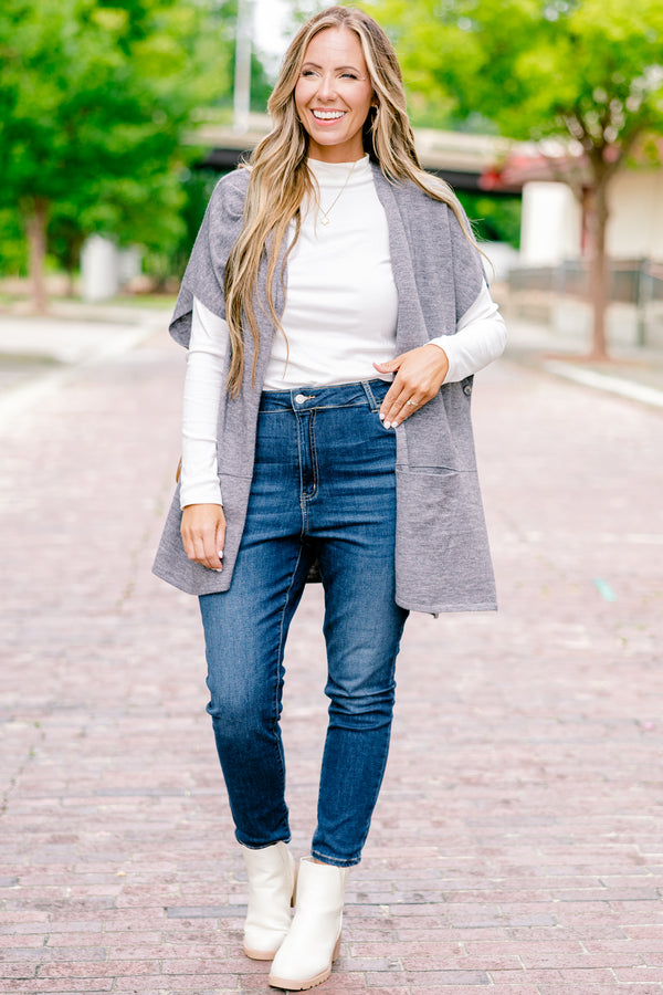 Chic Sul plus size clothing, gray short sleeve mid length cardigan
