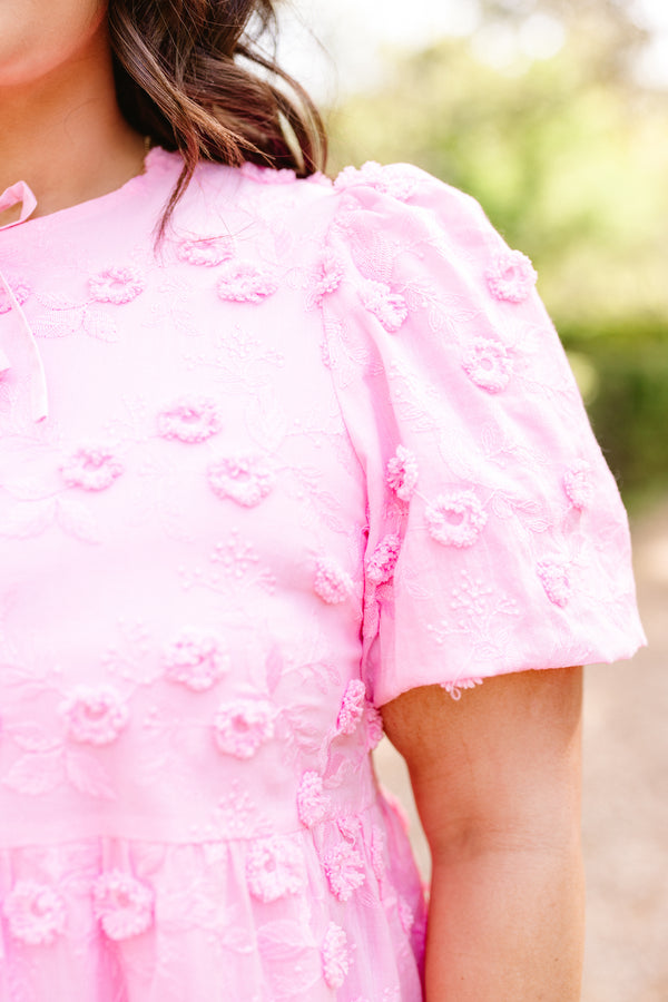 Chic Soul plus size clothing, pink short sleeve mini dress with raised floral detailing with three bow tie detail along chest with puff sleeves
