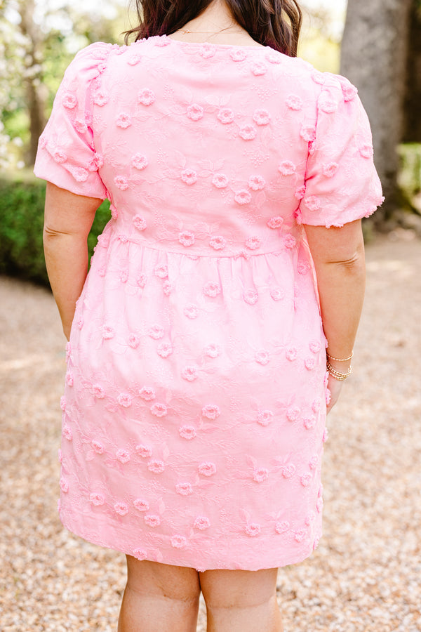 Chic Soul plus size clothing, pink short sleeve mini dress with raised floral detailing with three bow tie detail along chest with puff sleeves