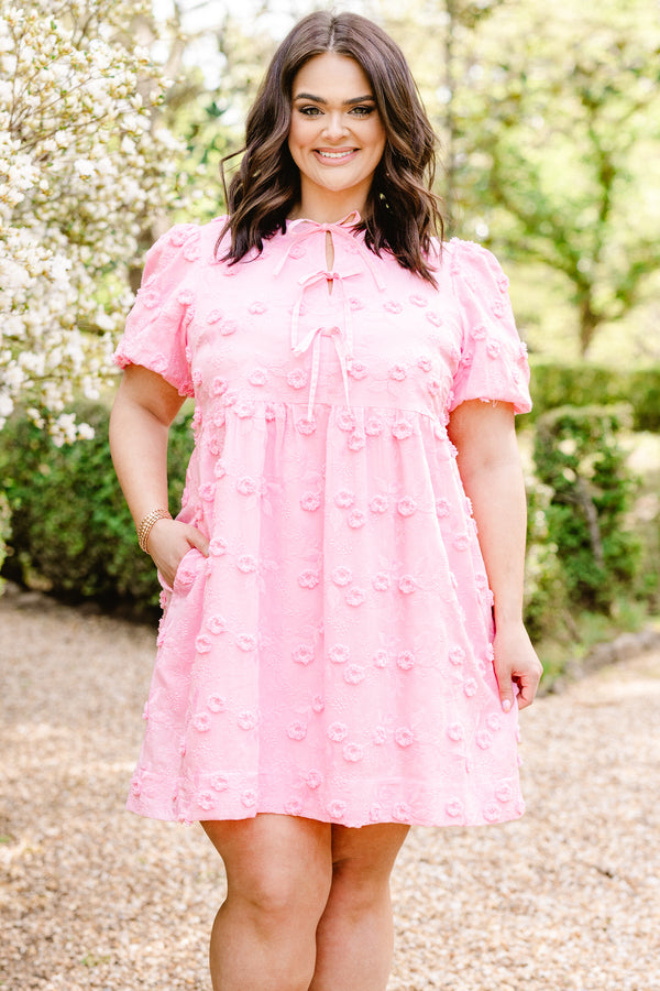 Chic Soul plus size clothing, pink short sleeve mini dress with raised floral detailing with three bow tie detail along chest with puff sleeves