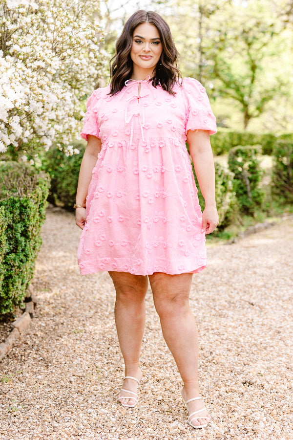 Chic Soul plus size clothing, pink short sleeve mini dress with raised floral detailing with three bow tie detail along chest with puff sleeves