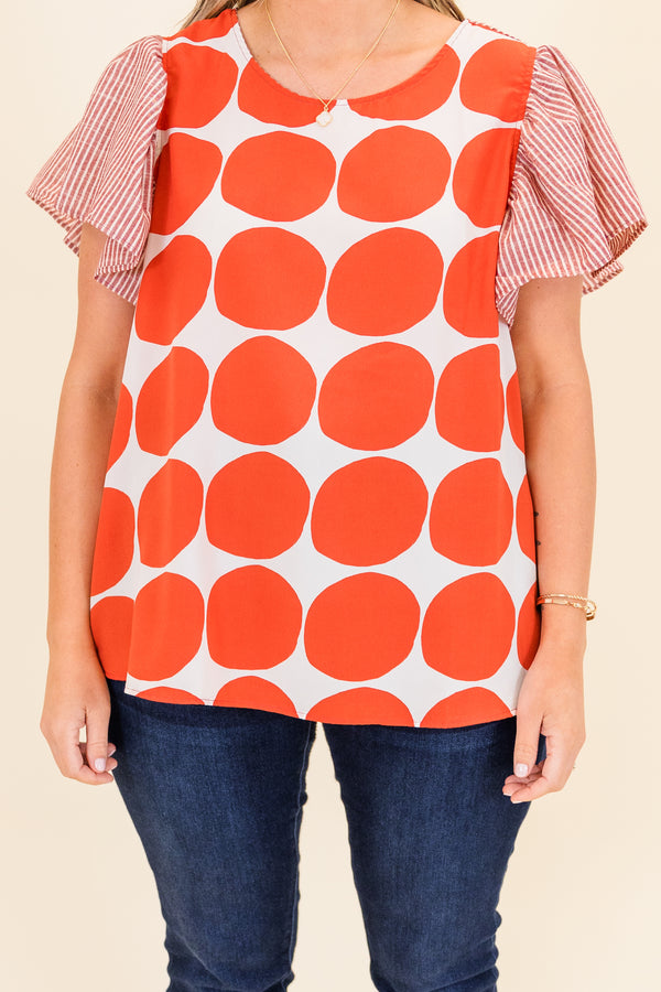 Chic Soul plus size clothing, red and white large polka dot top with red and white pinstripe short sleeves with ruffle detail with round neckline