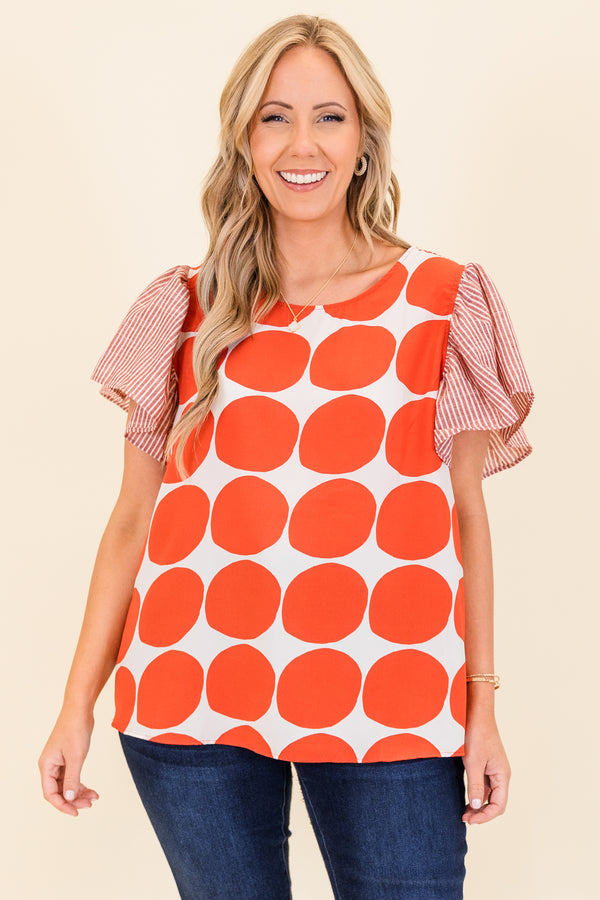 Chic Soul plus size clothing, red and white large polka dot top with red and white pinstripe short sleeves with ruffle detail with round neckline