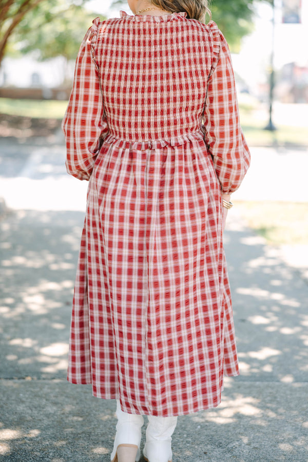 Plus Size red plaid midi dress with a smocked bodice, ruffled neckline, and long balloon sleeves.