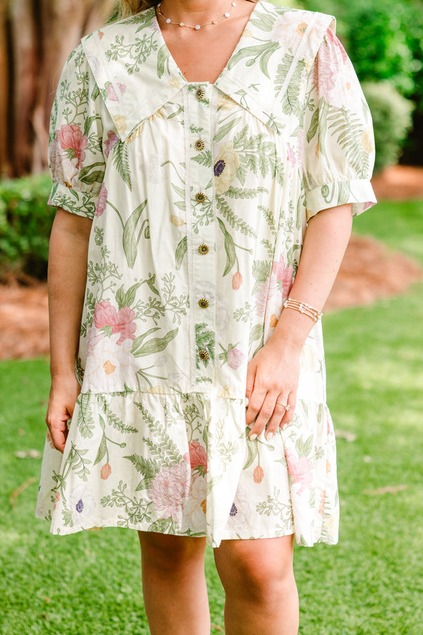 Plus Size sage floral mini dress with an oversized collar, gold flower buttons, and a drop waist.