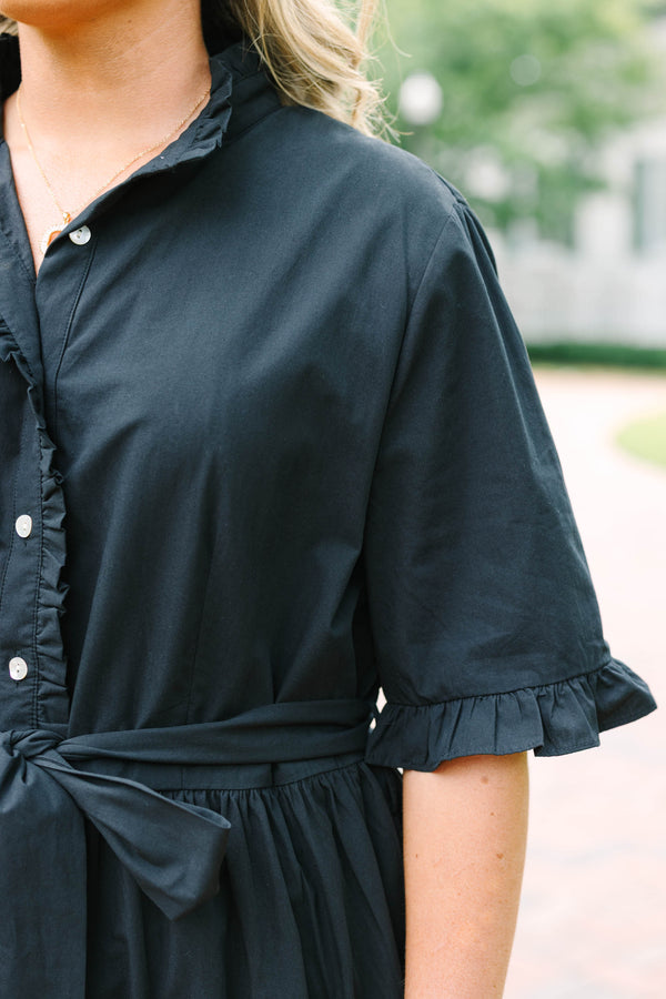 Chic Soul plus size clothing, black ruffle tiered midi dress with a tie at waist