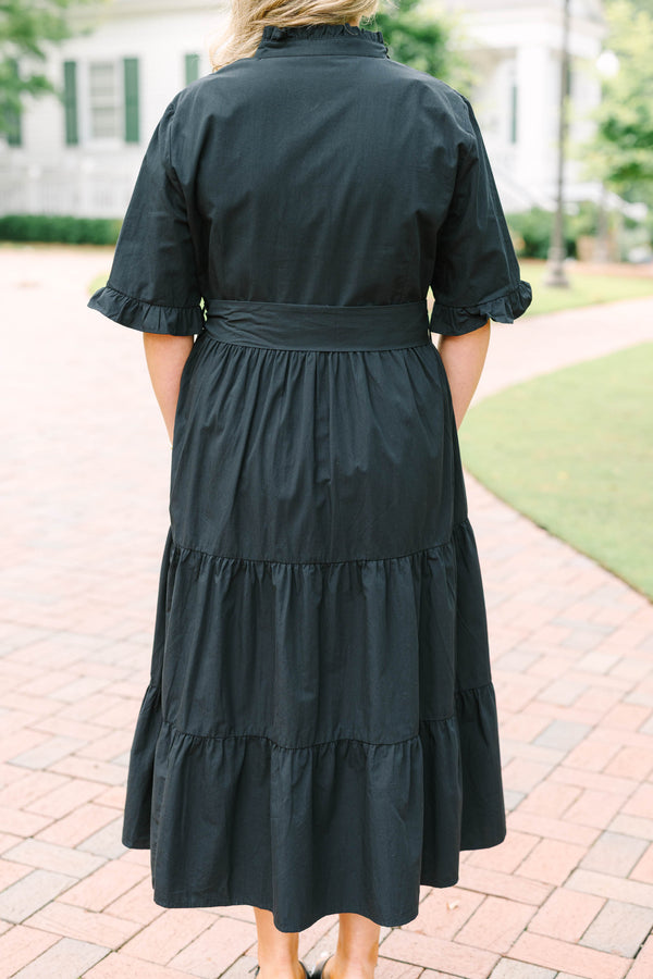 Chic Soul plus size clothing, black ruffle tiered midi dress with a tie at waist