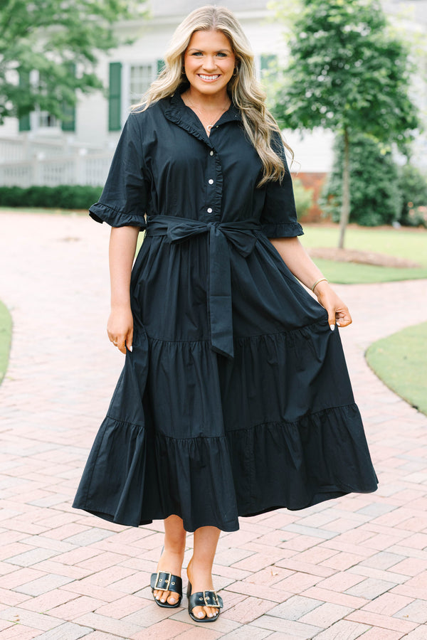 Chic Soul plus size clothing, black ruffle tiered midi dress with a tie at waist